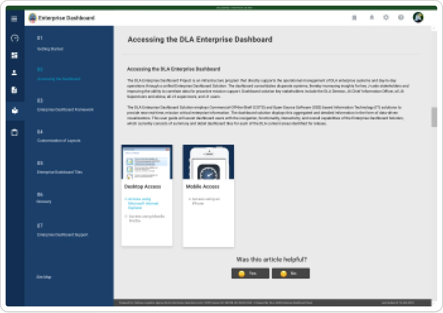 A user-guide article titled Accessing the DLA Enterprise Dashboard, with side-by-side Desktop Access and Mobile Access cards and a Was this article helpful? yes-or-no vote at the foot of the page.