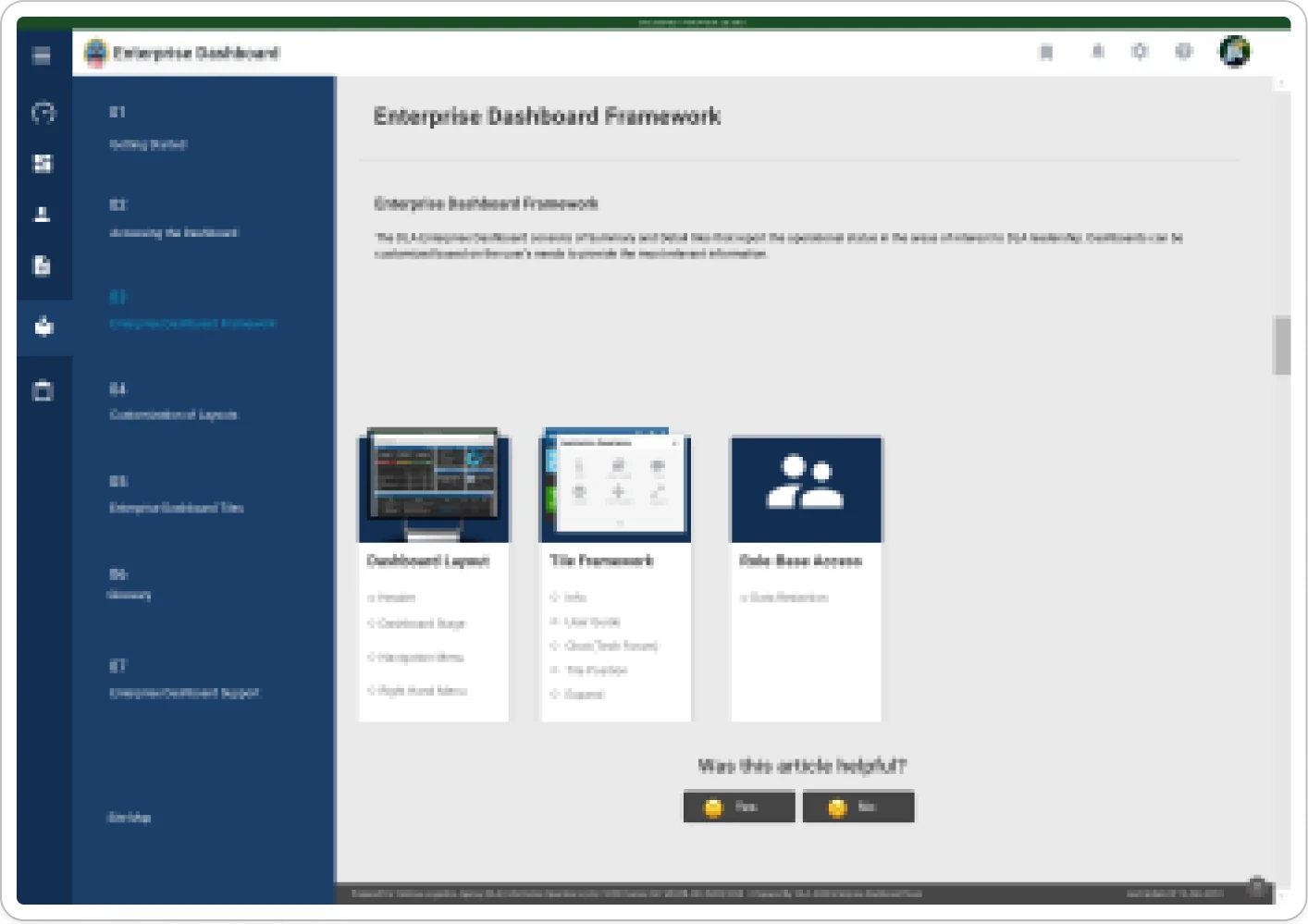 The Enterprise Dashboard Framework article, explaining the framework as three cards: Dashboard Layout, Tile Framework and Data-Base Access, each listing what it contains.