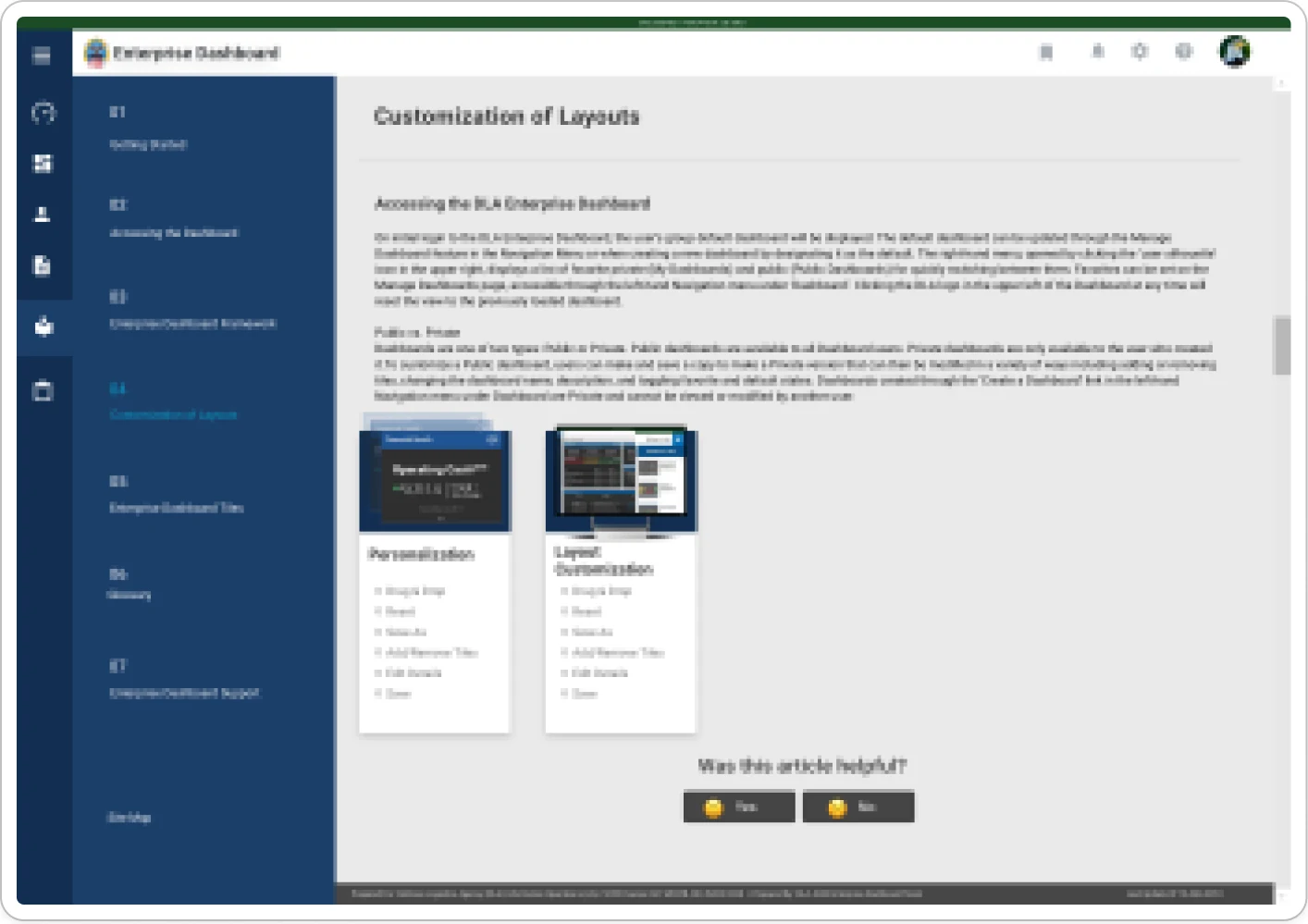 The Customization of Layouts article: personalisation and layout customisation shown as two annotated screens, above the rule that decides whether a dashboard is public or private.