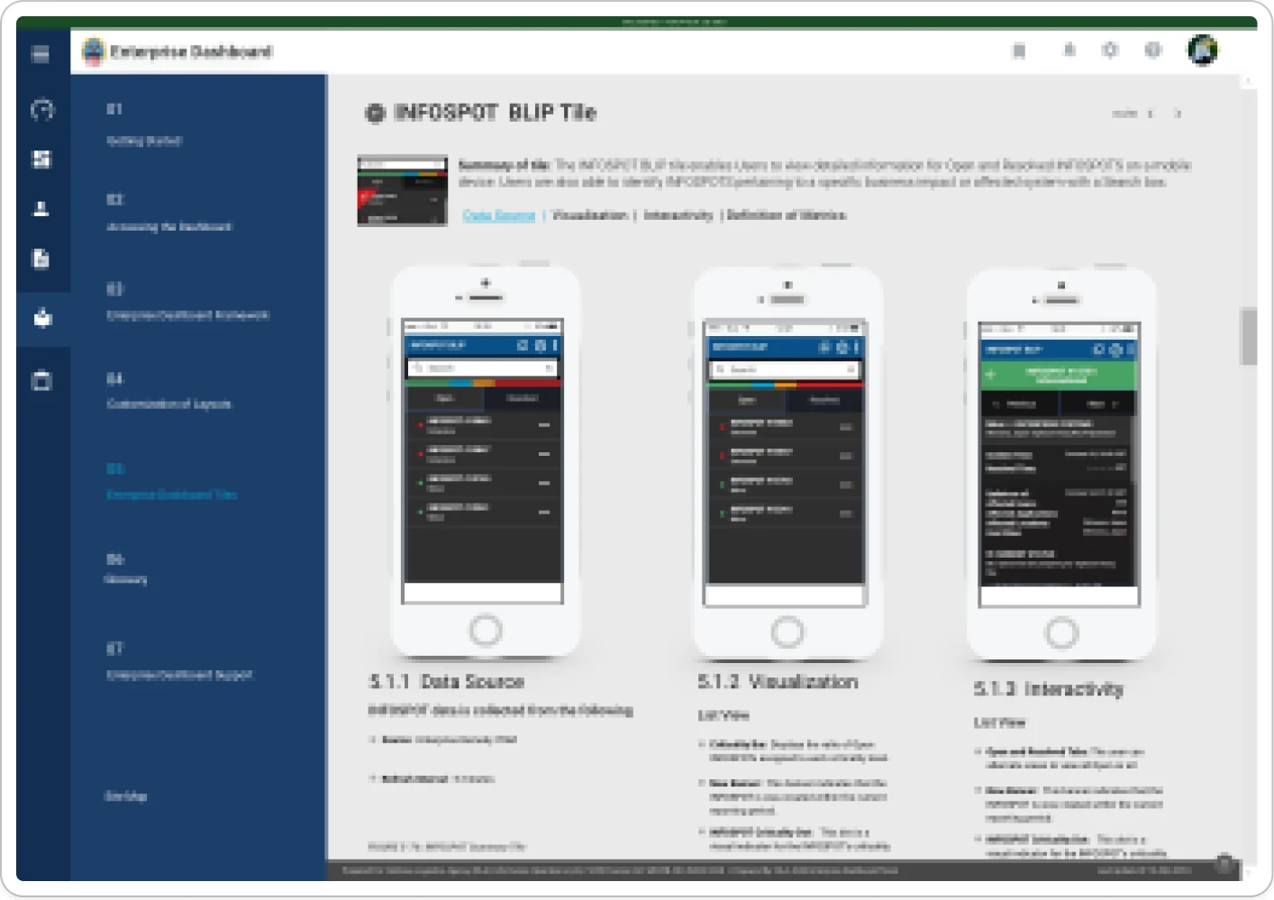 The INFOSPOT BLIP tile specified for mobile: three phone screens covering its data source, its visualization as a list view and its interactivity.