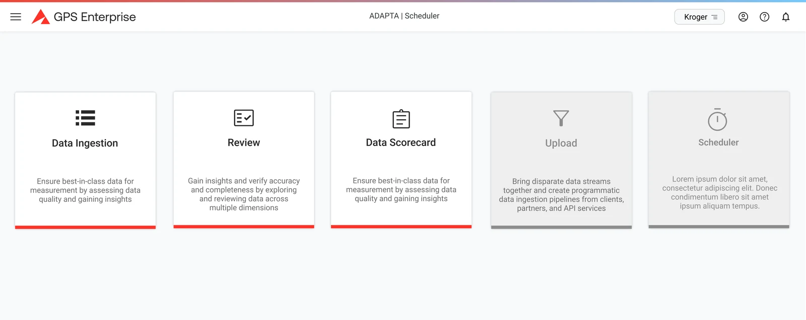 The Adapta scheduler landing page, laying out what the tool does as five cards - data ingestion, review, data scorecard, upload and scheduler - with the last two shown as not yet available.