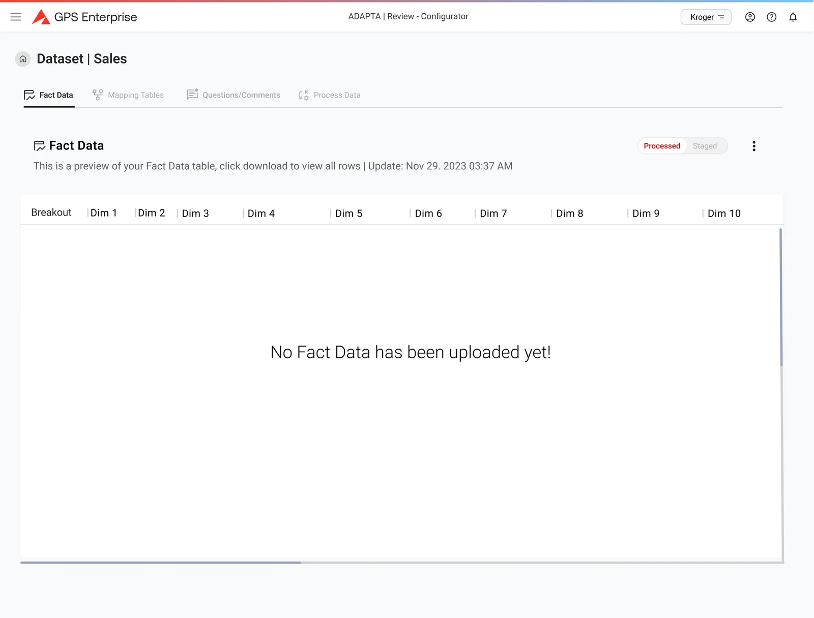 The same configurator with nothing loaded: an empty state reading no fact data has been uploaded yet, in the space the table would occupy.