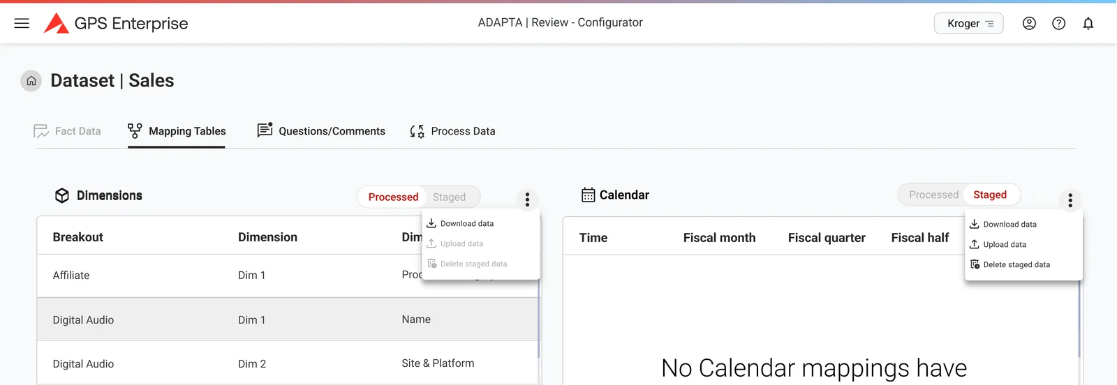 The mapping tables tab: a dimensions table beside a calendar panel carrying its own empty state for unmapped calendars, with a download and upload menu open.
