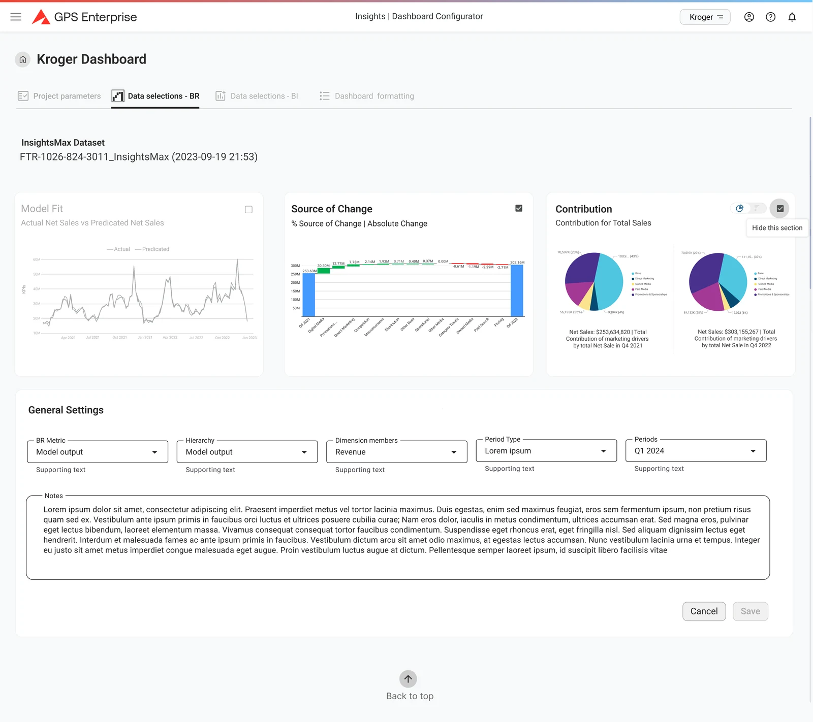 The insights dashboard configurator for a client dashboard: tabs for project parameters, two sets of data selections and dashboard formatting, previews of model fit, source of change and contribution, then general settings for metric, hierarchy, dimension members, period type and periods, with a notes field.