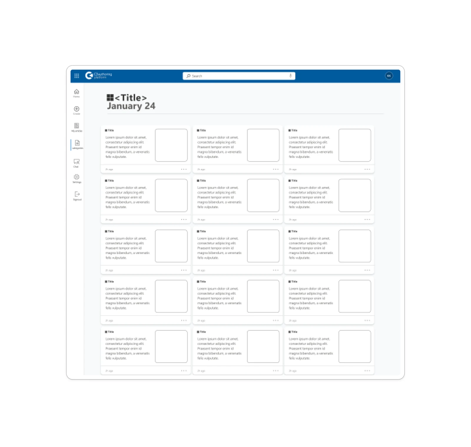 The authoring workspace: a narrow icon rail for home, create, my activity, categories, chat, settings and sign out, a search field across the top, and a dated grid of content cards each carrying a title, description, thumbnail and timestamp.
