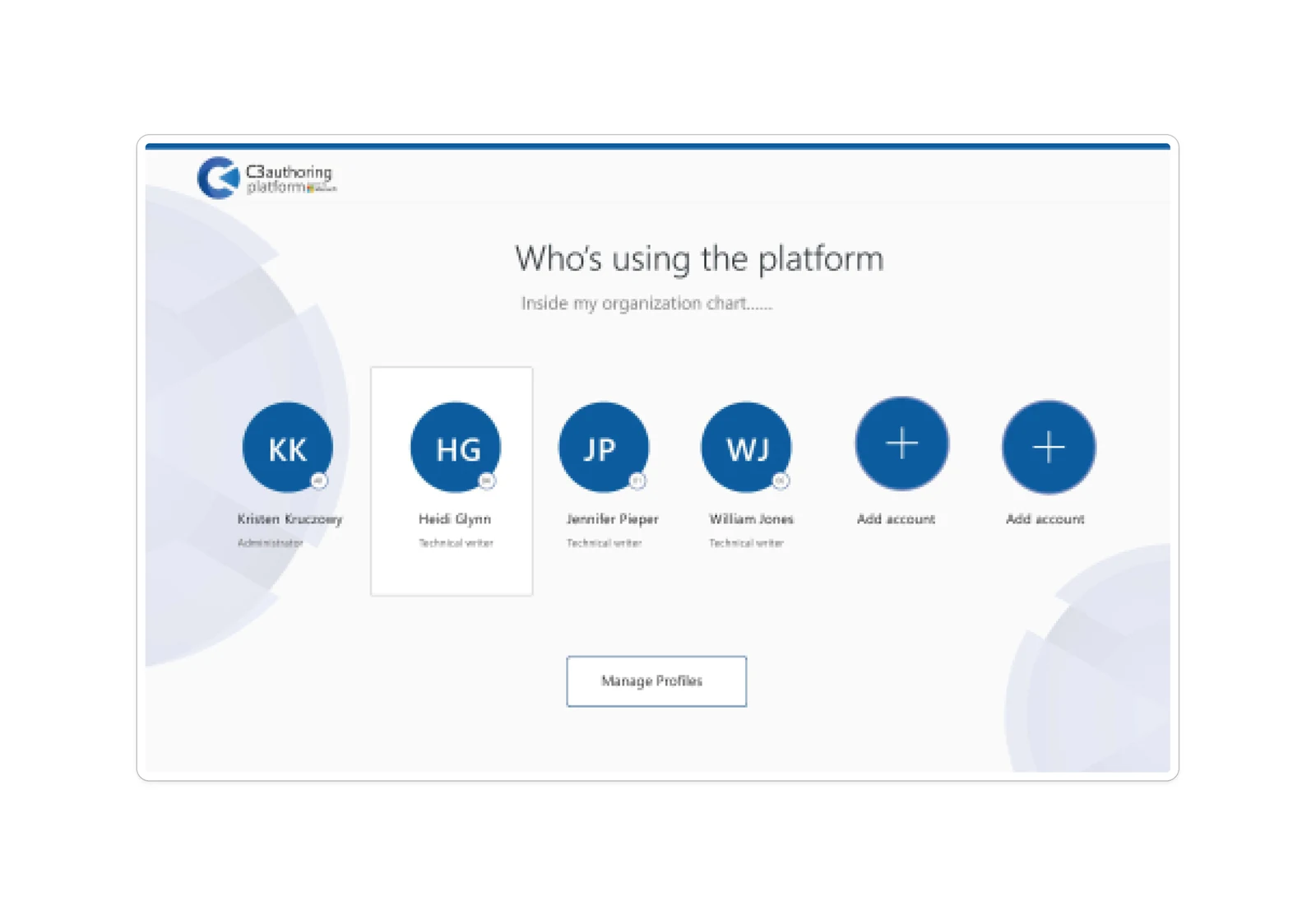 Who is using the platform, shown as an organization chart: four named people with their roles - one administrator, the rest technical writers - alongside two add account slots, and a manage profiles action.