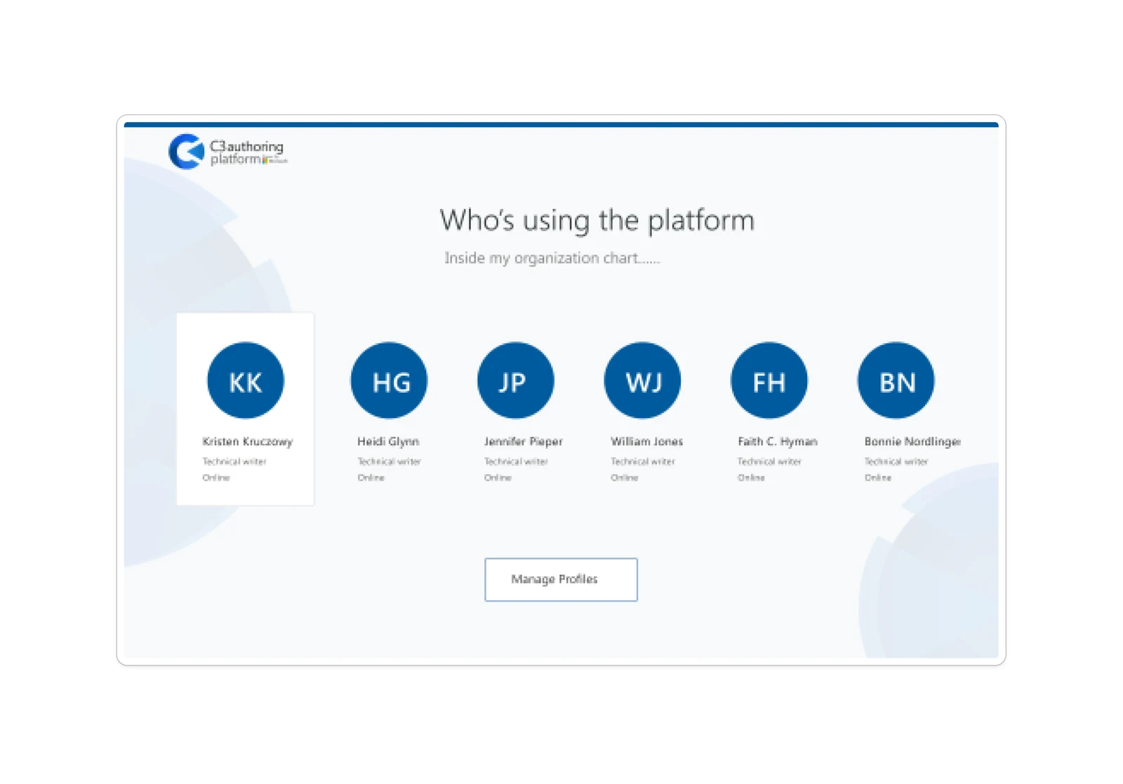The same organization view populated with six technical writers, each marked online, the first card selected.