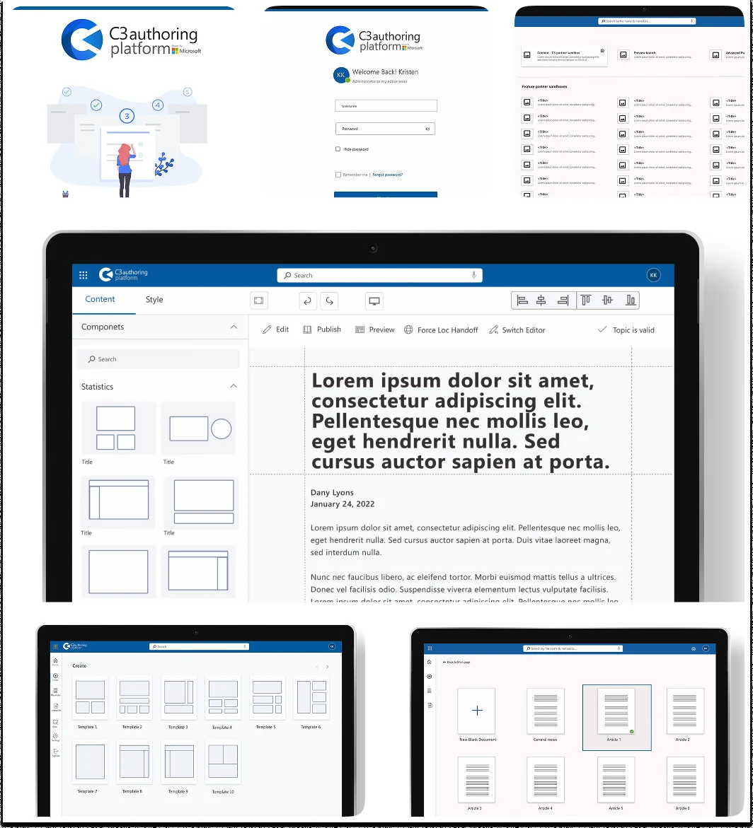 A board of the wider design set: the brand lockup and onboarding illustration, sign-in, the content browser with feature partner sandboxes, the authoring editor with its components panel and Content and Style tabs above an action bar reading Edit, Publish, Preview, Force Loc Handoff, Switch Editor and Topic is valid, the ten-template create flow, and the document grid.