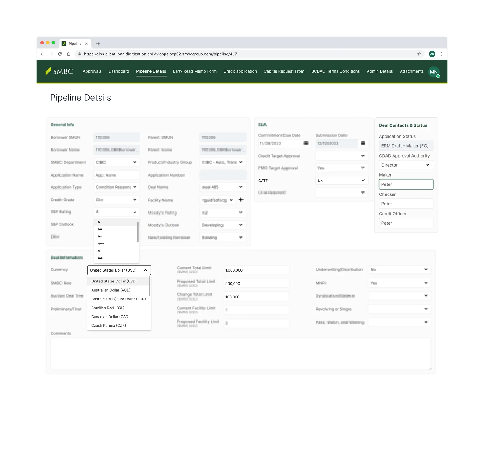 Pipeline details shown in a browser at the live application URL: general information, an SLA block with commitment due and submission dates, deal contacts and status, open dropdowns for internal rating and currency, and deal information covering commitment, proposed and change total limits alongside underwriting and distribution settings.