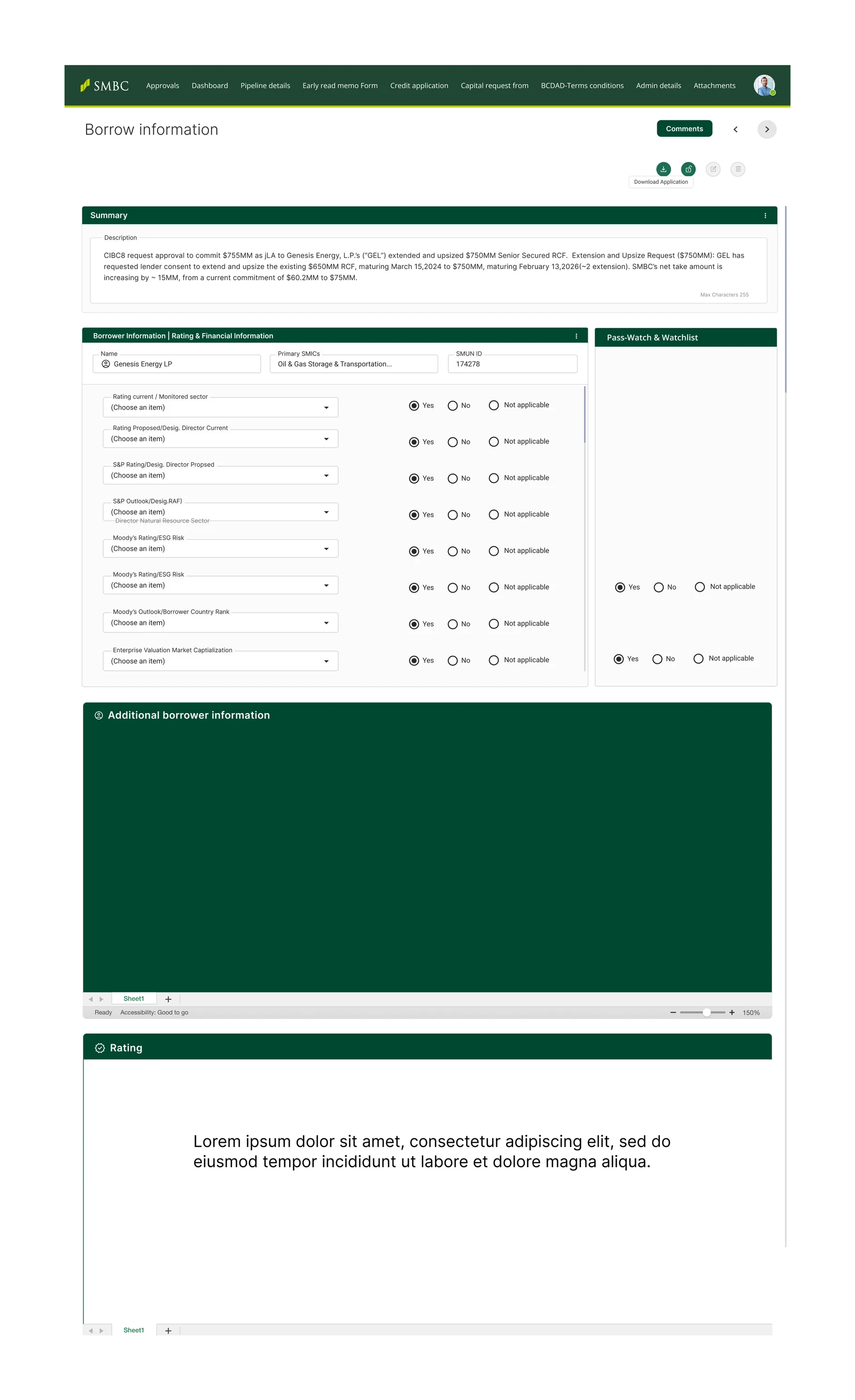 Borrower information: a summary of the request, then rating and financial information captured as a long series of yes, no and not-applicable questions, a pass, watch and watchlist section, an additional information block and a rating panel.
