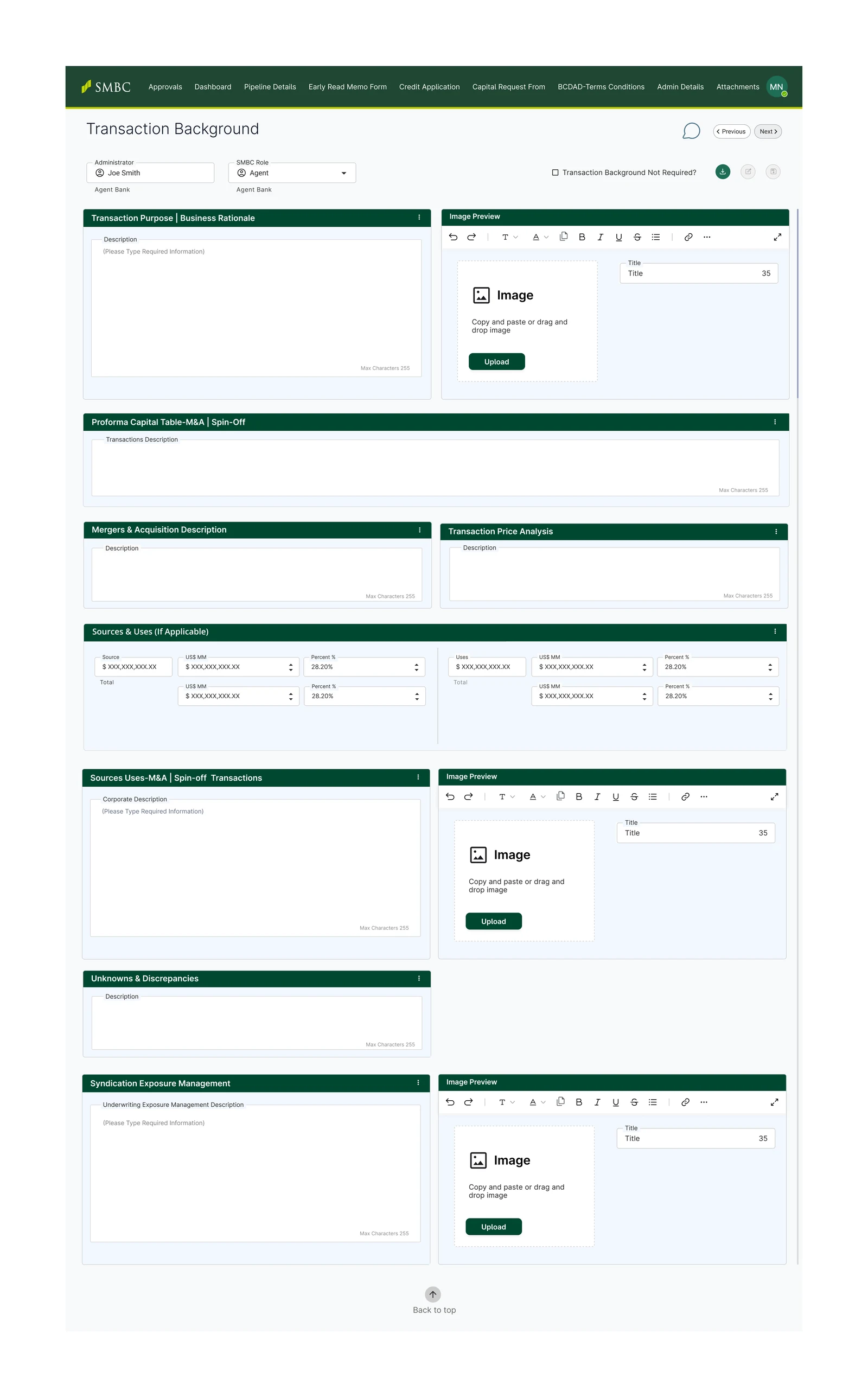 Transaction background, built from labelled sections: transaction purpose and business rationale, a proforma capital table, merger and acquisition description, transaction price analysis, sources and uses, business case, unknowns and discrepancies, and syndication exposure - each pairing a rich-text field with an image upload.
