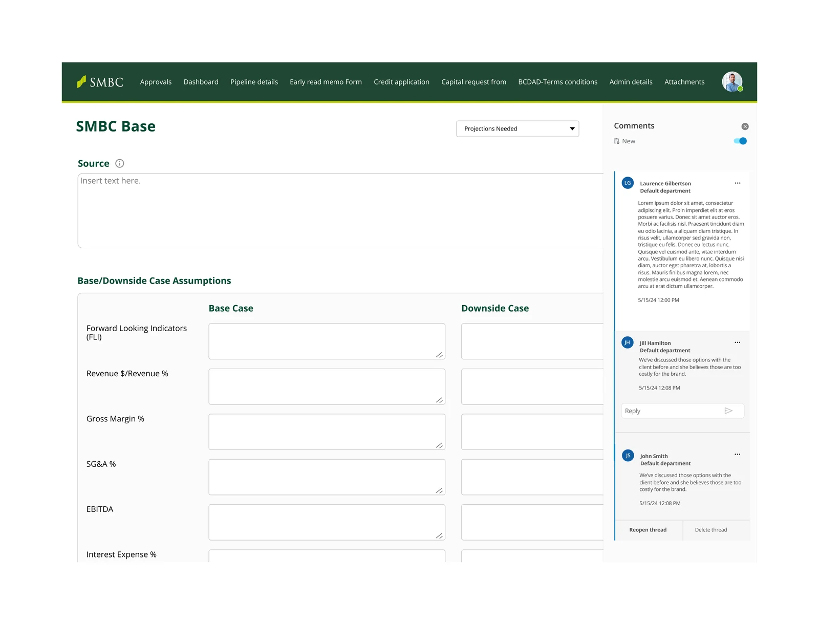 Base and downside case assumptions - forward-looking indicators, revenue, gross margin, operating expense, EBITDA and interest expense - beside a comment rail carrying threaded reviewer discussion with reply, reopen and delete controls.