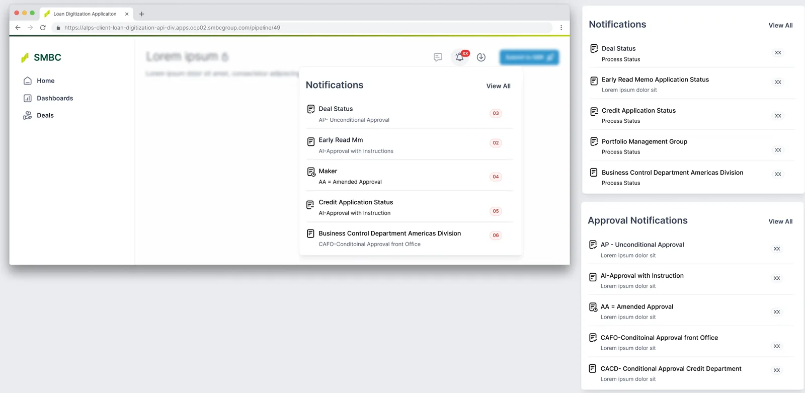 The notification centre open over a deliberately blurred page: deal status against unconditional approval, early read memo against approval with instructions, maker against amended approval, credit application status, and business control department Americas against conditional approval front office.