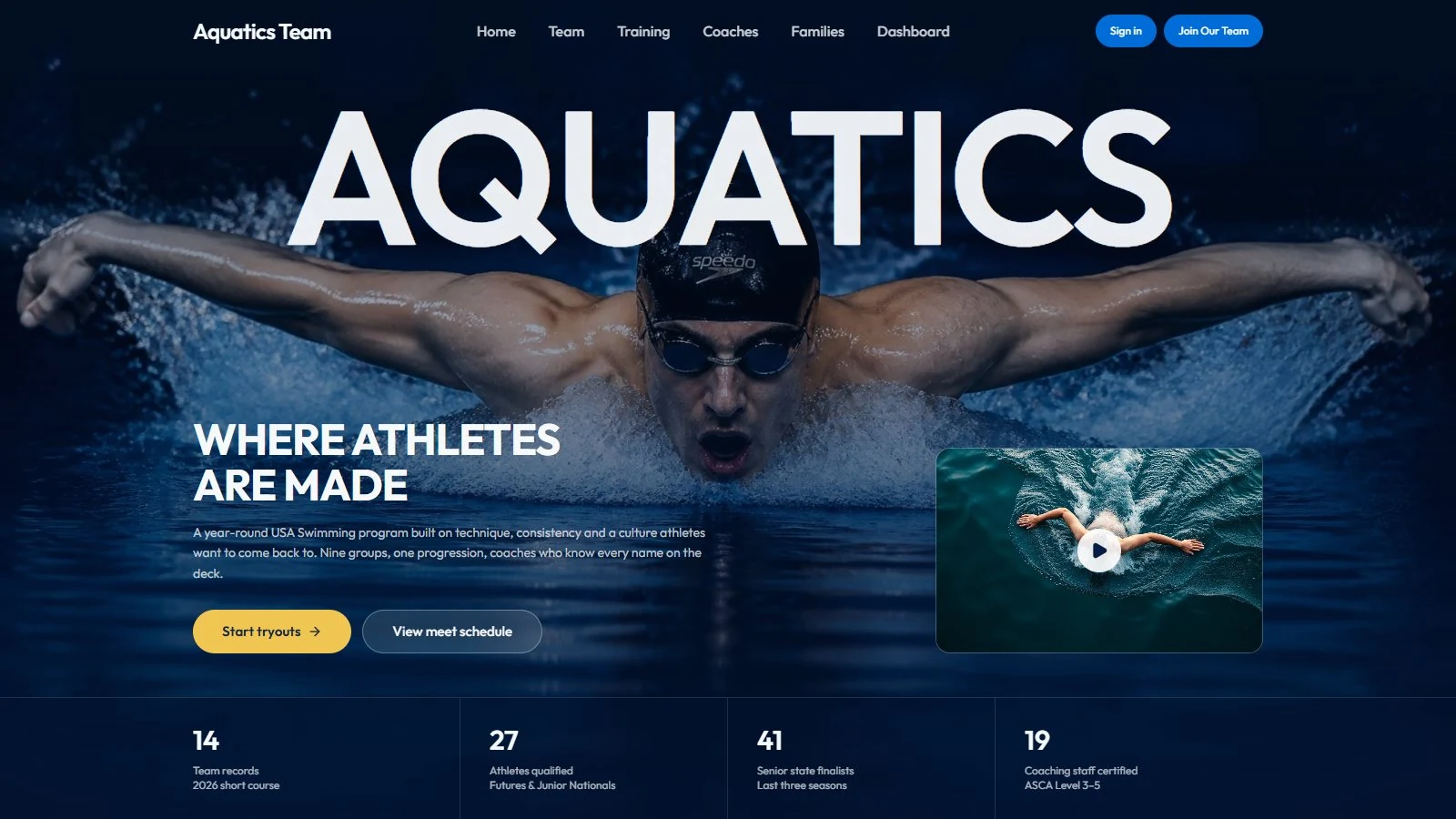 Aquatics Team &mdash; A swim club site, designed and built as a concept